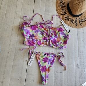 For Love And Lemons NWT Swim Purple Floral Tankini Top & Thong Bottom SZ L